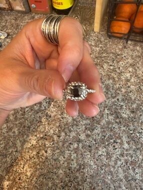 Silver-tone Ring with Black Center Stone and Clear Halo